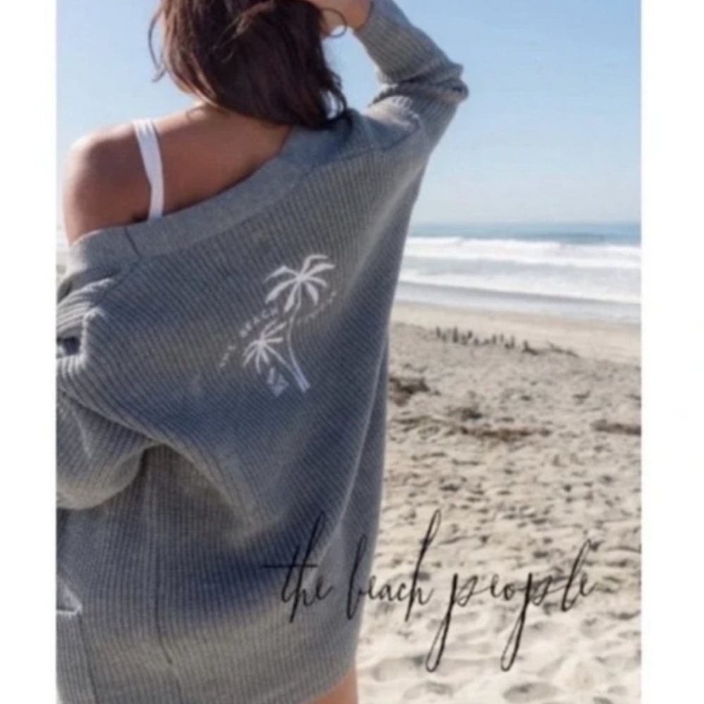 THE BEACH PEOPLE Twin Palms Embroidered Chunky Knit Open Cardigan Gray Sz XL/2XL